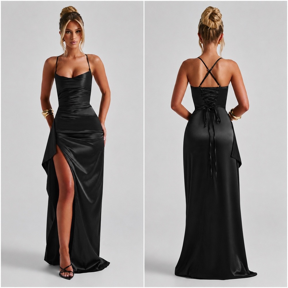 Babyboo Black Satin Ruched Lace Up Back High Slit Maxi Dress Gown Prom NWOT